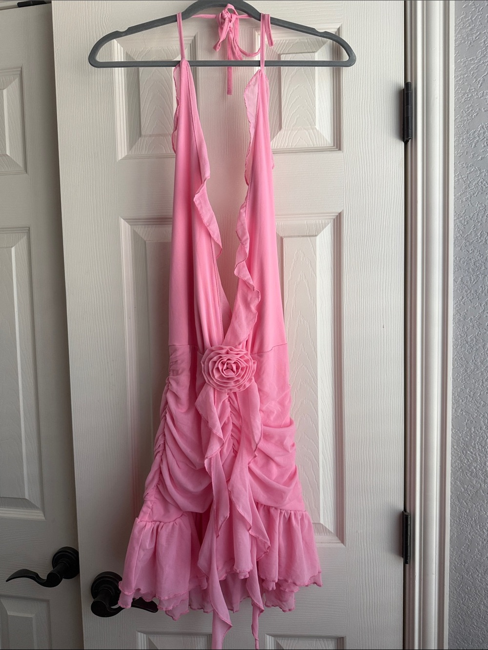 Pink Sexy Women's Mesh Halter Neck Sweet Ruffled Ruched Holiday Dress